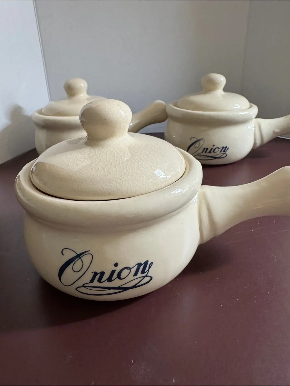 Cream and blue  'Onion' Stoneware  French Soup Bowls with Lids - Set of 4